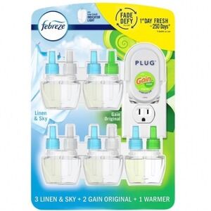 Febreze Plug Air Freshener Kit 1 Warmer 5 Refills Linen & Sky Gain Original Scen